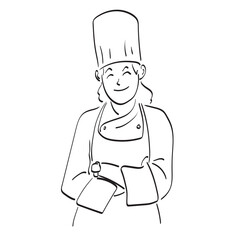 happy smiling female chef with crossed arms illustration vector hand drawn isolated on white background line art.