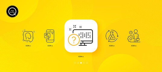 Fototapeta na wymiar Online quiz, Employee and Phone repair minimal line icons. Yellow abstract background. Chemistry experiment, Head icons. For web, application, printing. Vector