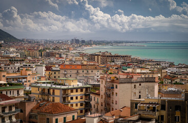Aerial View of Salerno, sea, coastline and cityscape, Campania Italy. Vacation and travel concept