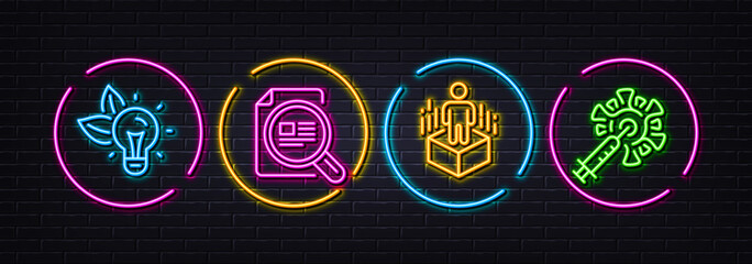 Check article, Augmented reality and Eco energy minimal line icons. Neon laser 3d lights. Coronavirus vaccine icons. For web, application, printing. Vector