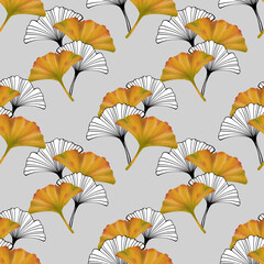 Ginkgo biloba leaves seamless pattern. Hand drawn digital illustration. Nature background.