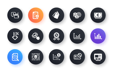 Minimal set of Low percent, Dollar rate and Graph chart flat icons for web development. Diagram graph, Sale tags, Binary code icons. World money, Card, Dot plot web elements. Wallet. Vector