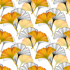 Ginkgo biloba leaves seamless pattern. Hand drawn digital illustration. Nature background. - 547546564