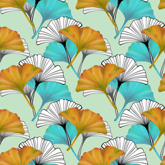 Ginkgo biloba leaves seamless pattern. Hand drawn digital illustration. Nature background.