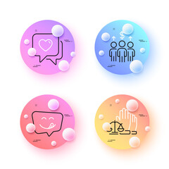 Court jury, Meeting and Heart minimal line icons. 3d spheres or balls buttons. Yummy smile icons. For web, application, printing. Justice voting, Business collaboration, Love chat. Emoticon. Vector
