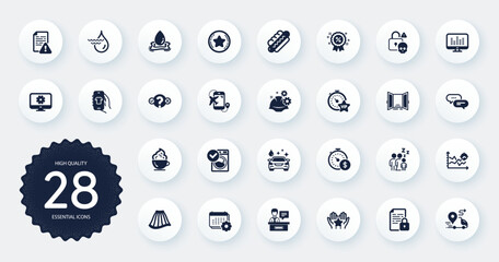 Set of Business icons, such as Washing machine, Skirt and Discount flat icons. Delivery, Seo analysis, Flight destination web elements. Car wash, Instruction manual, Exhibitors signs. Vector