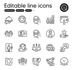 Set of People outline icons. Contains icons as Elevator, Meeting time and Identification card elements. Loyalty program, Health app, Search love web signs. Wallet, Restaurant food. Vector