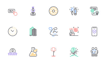 Survey, Creativity and Phone protection line icons for website, printing. Collection of Bitcoin project, Stand lamp, Buy button icons. Strong arm, Fan engine, Human rating web elements. Vector