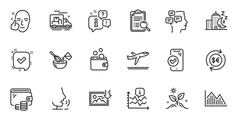 Outline set of Investment graph, Chart and Search analysis line icons for web application. Talk, information, delivery truck outline icon. Vector