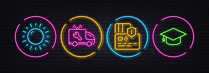 Car service, Card and Sunny weather minimal line icons. Neon laser 3d lights. Graduation cap icons. For web, application, printing. Repair service, Bank payment, Sun. University. Vector