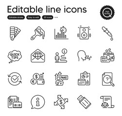 Set of Education outline icons. Contains icons as Quick tips, Legal documents and Search document elements. Info, Support, Breathing exercise web signs. Web mail, Palette, Approved elements. Vector