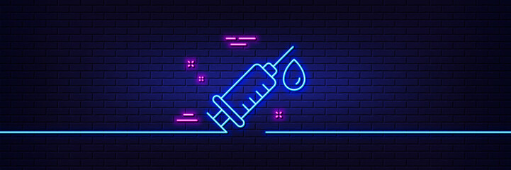 Neon light glow effect. Medical syringe line icon. Medicine vaccine sign. Pharmacy medication symbol. 3d line neon glow icon. Brick wall banner. Medical syringe outline. Vector