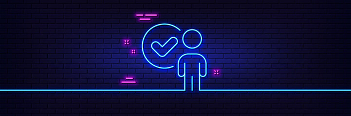 Neon light glow effect. Verification person line icon. Accepted man sign. Approved symbol. 3d line neon glow icon. Brick wall banner. Verification person outline. Vector
