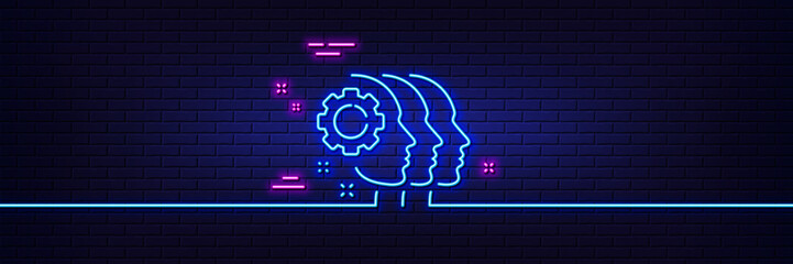 Neon light glow effect. Employees teamwork line icon. Collaboration sign. Development partners symbol. 3d line neon glow icon. Brick wall banner. Employees teamwork outline. Vector