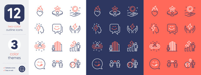 Set of Smile face, Safe energy and Yummy smile line icons. Include Employee hand, Social distancing, Employee results icons. Vip table, Outsource work, Agent web elements. Recruitment. Vector