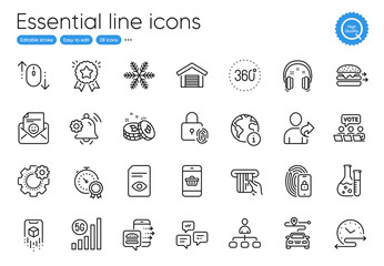 360 degrees, Fingerprint lock and 5g wifi line icons. Collection of Parking garage, Smile, Food order icons. Ranking star, Headphones, Snowflake web elements. Time schedule, Journey. Vector