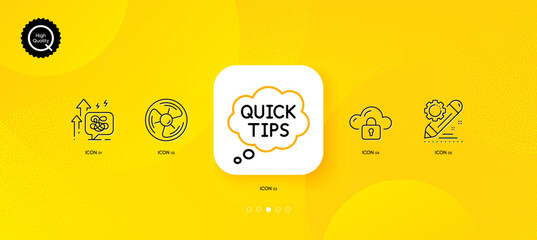 Fototapeta na wymiar Stress grows, Cloud protection and Quick tips minimal line icons. Yellow abstract background. Air fan, Project edit icons. For web, application, printing. Vector