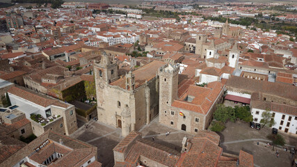 Fototapeta na wymiar Aerial drone view of Cáceres, Spain. Old Town. Unesco World Heritage. Historic visits. Holidays and vacation tourism. Sightseeing. Best destinations in the world. Most visited places.