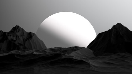 The planet is white among the black mountains. Mountain landscape, surface of the planet in the dark with a white planet on the horizon. 3D render. © Binkontan