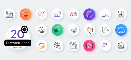 Travel line icons. Bicolor outline web elements. Passport, Luggage, Check in airport icons. Airplane flight, Sunglasses, Hotel building. Passport check in document, Sea diving. Vector
