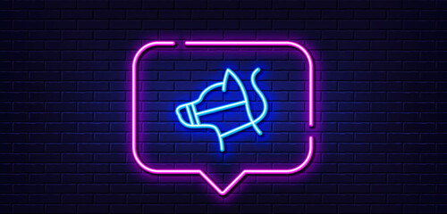 Neon light speech bubble. Dog on leash line icon. Pet in muzzle sign. Animal aggression control symbol. Neon light background. Dog leash glow line. Brick wall banner. Vector