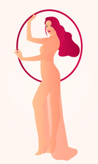 Attractive young woman in a transparent backless dress isolated on a creamy background, A woman with long, flowing red hair wearing a flowing pink dress, standing in a circular frame