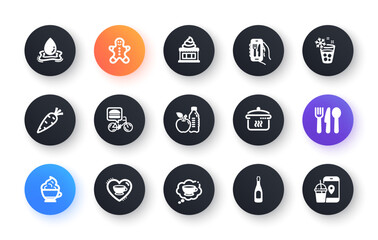 Minimal set of Restaurant app, Cappuccino cream and Food flat icons for web development. Food delivery, Love coffee, Ice cream icons. Champagne, Ice maker, Carrot web elements. Vector