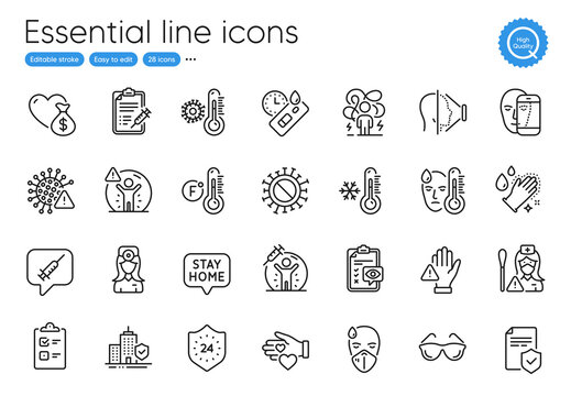Oculist doctor, Donation and Washing hands line icons. Collection of Covid virus, Vaccine report, Dont touch icons. Checklist, Apartment insurance, Nurse web elements. Social distance. Vector