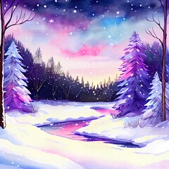 Winter Landscape. Night sky with forest near the frozen river. Watercolor Scenery on snowy Background. Blue, purple, pink and violet colors