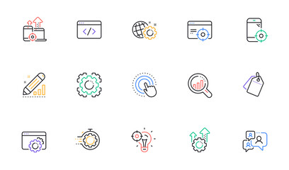 Seo line icons. Website stats, Target and Increase sales signs. Traffic management, social network and seo optimization icons. Linear set. Bicolor outline web elements. Vector