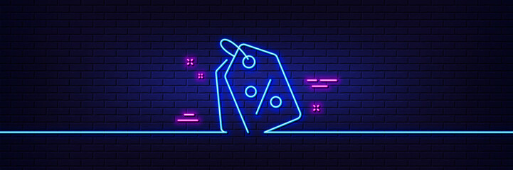 Neon light glow effect. Shopping tags line icon. Special offer sign. Discount coupons symbol. 3d line neon glow icon. Brick wall banner. Discount tags outline. Vector