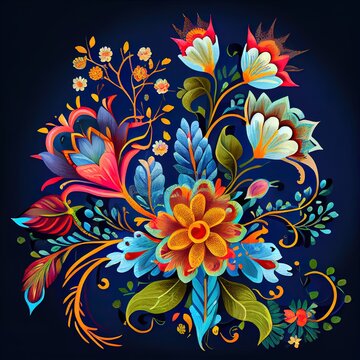 Botanical flowers ethnic motif and mugal art flower banch