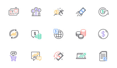 Vip shopping, Cashback and Fast payment line icons for website, printing. Collection of Tips, Dollar exchange, Update data icons. Financial documents, Currency rate, Card web elements. Vector