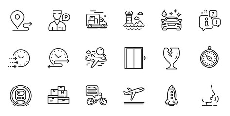 Outline set of Time schedule, Food delivery and Delivery time line icons for web application. Talk, information, delivery truck outline icon. Include Journey, Rocket, Lighthouse icons. Vector