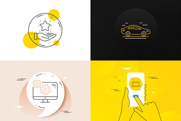 Minimal set of Loyalty program, Car and Settings line icons. Phone screen, Quote banners. Laptop icons. For web development. Bonus star, Transport, Cogwheel tool. Mobile computer. Vector