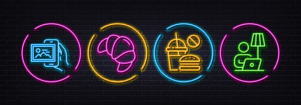 Image album, Fast food and Croissant minimal line icons. Neon laser 3d lights. Floor lamp icons. For web, application, printing. Photo app, Burger with beverage, Fresh bakery. Electric light. Vector