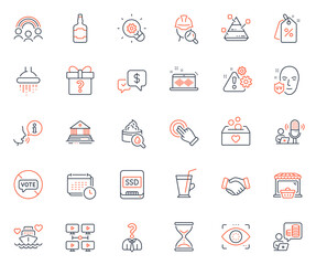 Business icons set. Included icon as Inspect, Time hourglass and Employees handshake web elements. Innovation, Hiring employees, Online market icons. Calendar, Warning. Vector