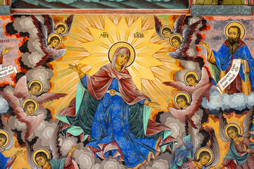 External wall paintings depicting biblical stories at the Monastery of Saint John of Rila, also known as Rila Monastery, Rila, Bulgaria © Galumphing Galah