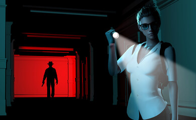 3d render noir illustration of lady detective with flashlight and mystery man on dark hallway background. - obrazy, fototapety, plakaty