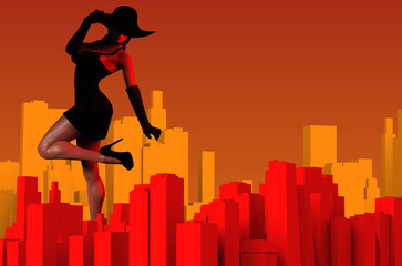 Fototapeta na wymiar 3d render illustration of sexy lady in black dress and hat posing on red colored cityscape background with orange backdrop.
