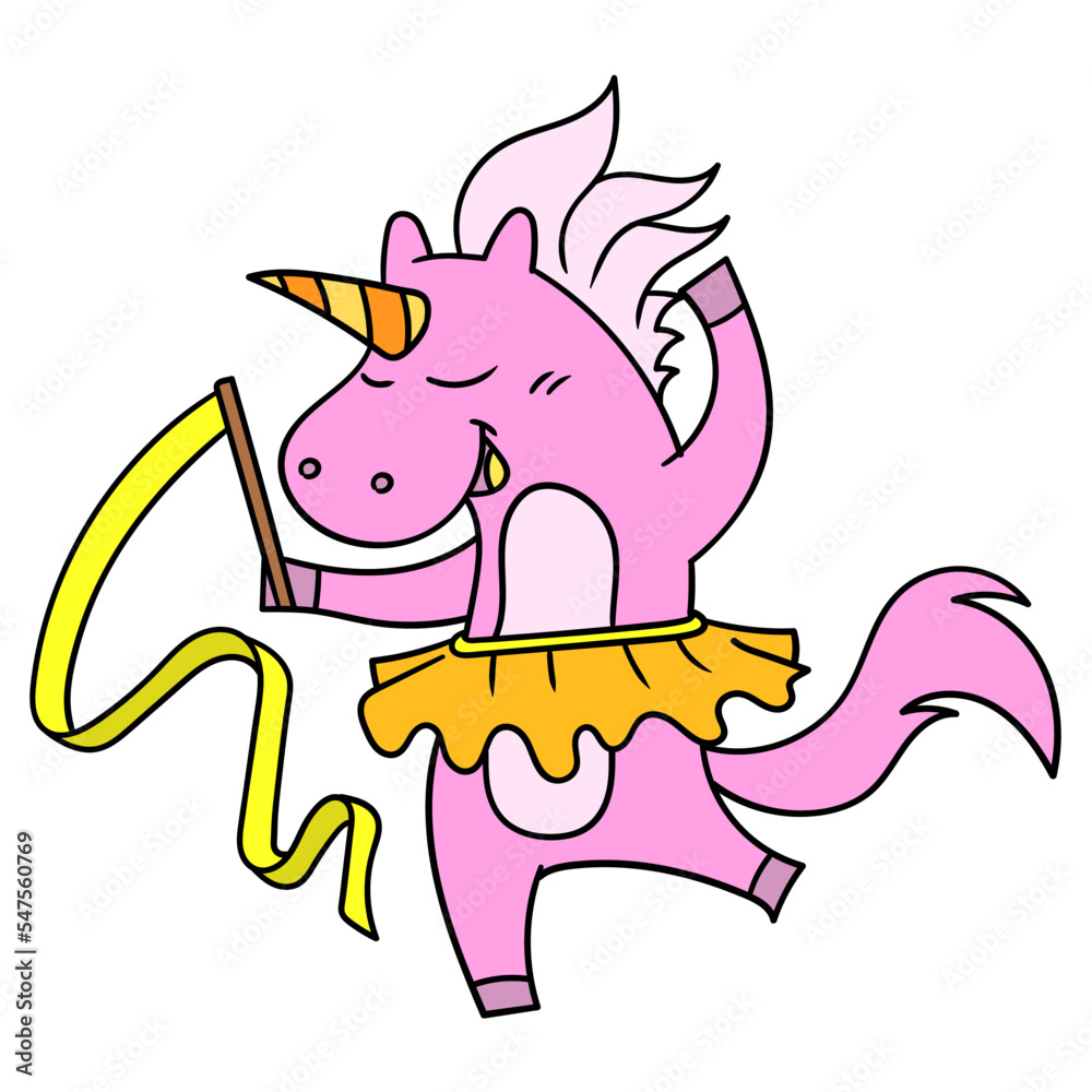 Poster Digital illustration of a cute ballet dancing pink unicorn character on a white background