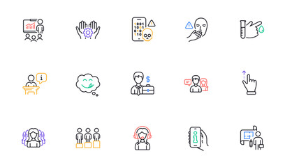 Equity, Info app and Women group line icons for website, printing. Collection of Touchscreen gesture, Cyber attack, Yummy smile icons. Blood donation, People talking, Support web elements. Vector