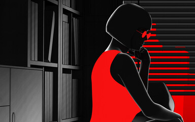 Fototapeta na wymiar 3d render noir illustration of lady in red dress and round glasses on toon dark room background.
