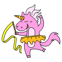 Digital illustration of a cute ballet dancing pink unicorn character on a white background