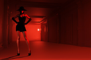 3d render illustration of sexy lady in black dress, high heels and hat standing on red colored hotel hallway background.