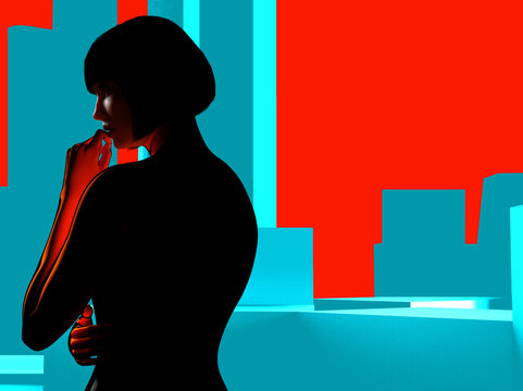 3d render illustration of lady in black dress standing on blue colored comic cityscape background.