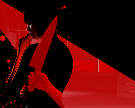 3d render illustration of lady in black dress on red colored room background with hand with knife and blood drops.