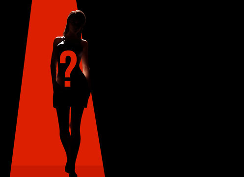 3d render illustration of mystery lady in black dress walking in red light on black background.