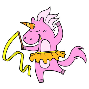 Digital illustration of a cute ballet dancing pink unicorn character on a white background