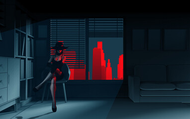 3d render noir illustration of mysterious sexy spy lady in black dress sitting in dark room with red colored cityscape background.